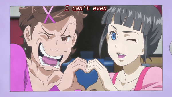 Two teenage girls are displayed on a phone screen in close-up as if posing for a camera. Their hands are together in the center, forming a heart. The girl on the right is smiling and winking cutely, while the girl on the right is attempting to mirror the expression but doing so poorly: her mouth is wide and sneering, her wink is sharp, and she looks like she's in pain. Subtitle: "I can't even."