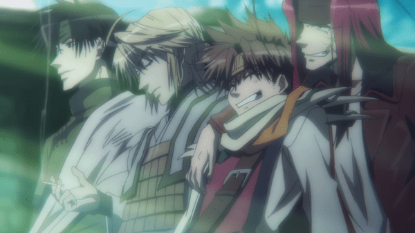 Four young men in a blend of traditional and modern Chinese clothing face the sunrise