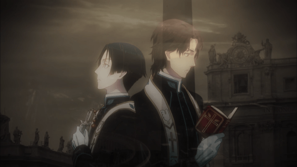 Two men in Catholic priests robes stand back to back. The one on the left has black hair and holds a rosary; the one on the right has short brown hair and has a book open in his hands.