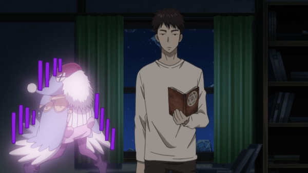 A boy in a white long-sleeve shirt holds a book with a pentagram on the front and looks annoyed. Next to him is a glowing blue cockatiel, looking depressed.