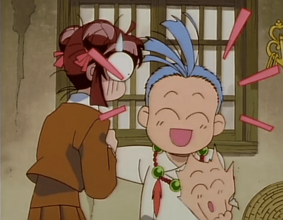 A chibi man with flyaway bangs wearing a tunic and prayer beads smiles wide and pulls off a mask that looks identical to his current smiling face. Next to him, a girl in a modern school uniform watches with bugged-out eyes, sweatdropping.