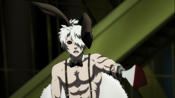 A man with white hair and black eyes wearing bunny ears, a bowtie, and suspenders brandishes a machete at the camera