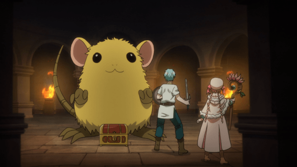 A young man and woman dressed in fantasy garb face away from the camera; across from them is a small treasure chest and a giant, fluffy gold mouse. They appear to be standing in a dungeon.
