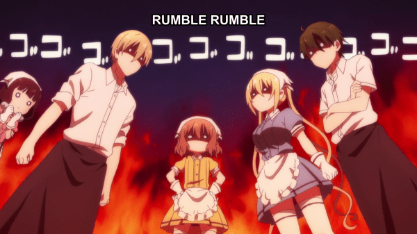 Two young men in waiters' uniforms and three young women in maid skirts and aprons glare at each other with flames flaring up behind them. Sound effects on the screen read "RUMBLE RUMBLE"