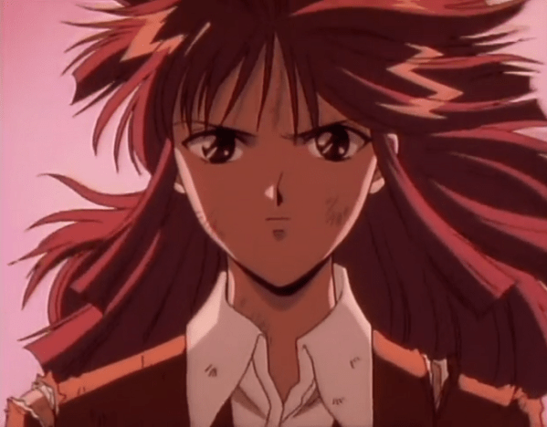 A close-up of a teenage girl in a battered school uniform, looking determined, her hair flaring out around her. She glows with a red light.