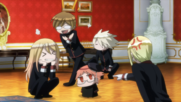 A redheaded chibi man in glasses stands at the center of a posh room; an angry blonde boy points at him, a white-haired boy crouches beside him, a brunette boy runs behind him gleefully, and a long-haired boy sits next to him grinning