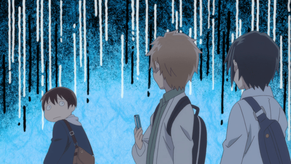 A boy in front of a blue "doom" background looks back at his two friends with puppy-dog eyes. All three are wearing the same school uniform.