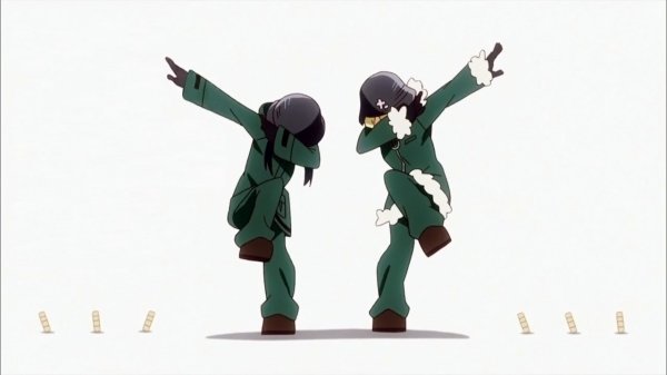 Two girls in winter coats and army helmets dab in front of a white background