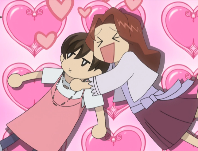 Ranka hugs Haruhi gleefully with hearts popping out around them. Haruhi looks annoyed.