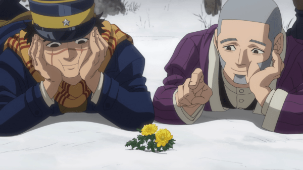 An image from Golden Kamuy. Sugimoto and Shiraishi lie on their stomachs, admiring a golden flower poking out of the snow. They are smiling cutely.