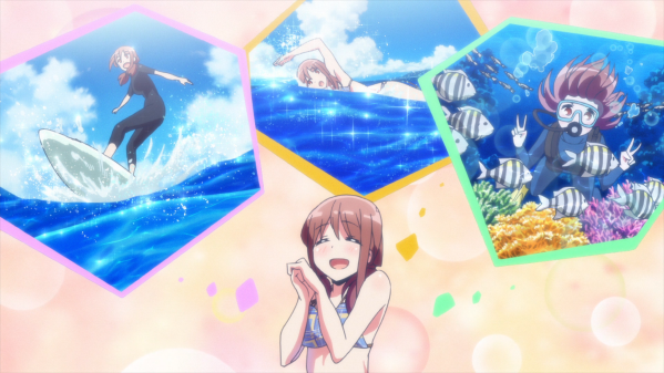 A teen girl in a bikini claps her hands together happily. Above her head, in thought bubbles, are images of her surfing, swimming, and scuba diving.