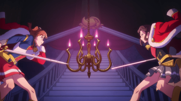 Two teen girls in uniforms, wearing royal robes over their shoulders, face off with their weapons drawn. A staircase and chandelier hover between them.
