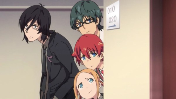 Three teens poke their head around the corner of a hallway. Behind them, a man in a suit slouches, following their gazes.