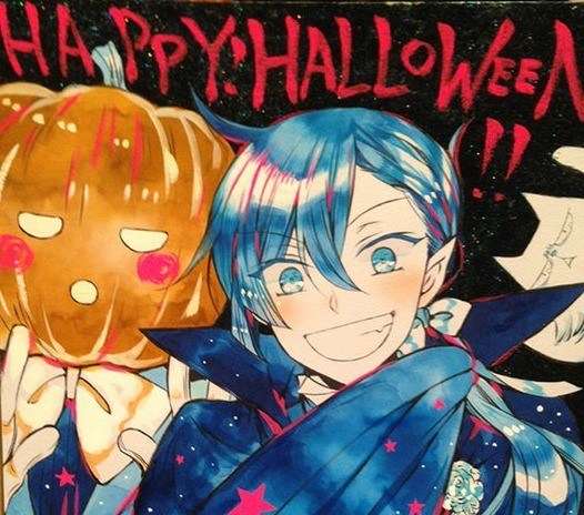 A grinning vampire and a figure wearing a pumpkin on their head pose beneath the handwritten words "Happy Halloween!!"