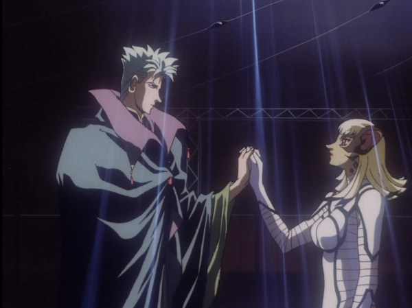 Folken and Naria hold hands in a darkened room, as if taking part in a dance