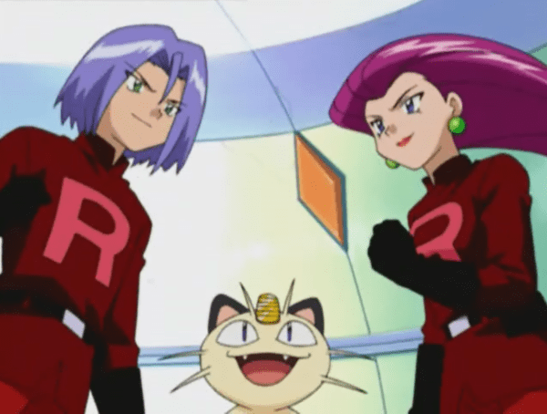 The Team Rocket trio stand together, wearing red training uniforms. Jessie clenches a fist and looks at James, who looks back at her with a determined smile. Meowth stands between them, grinning wide.