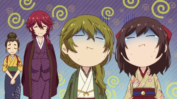 Two chibi figures in traditional Japanese clothing chew, looking uncomfortable. Behind them, a young man and woman smile pleasantly.