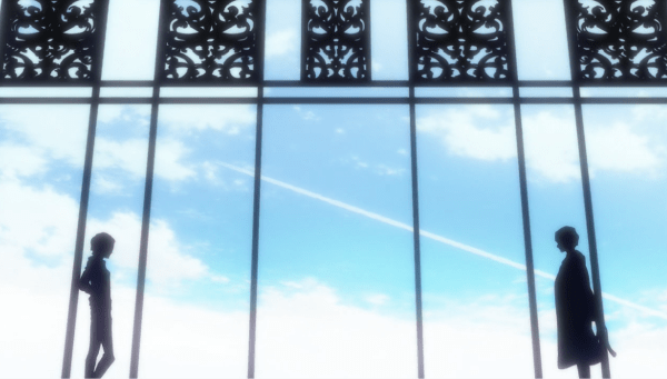 Two men stand silhouetted against a wall of windows. Outside, the sky is blue with a splash of clouds, an airplane shooting across the center of the frame.