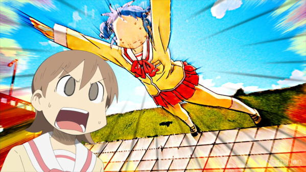 Mio dives dramatically off a riverbank. Yuuko watches her, shocked, in the foreground.