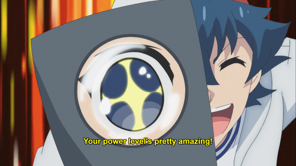 A teen boy holds a magnifying glass up to his eye and says "Your power level's pretty amazing!"