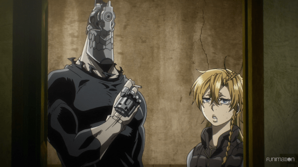 Juuzo and Mary stand in a doorway. Juuzo is smoking; Mary looks annoyed.