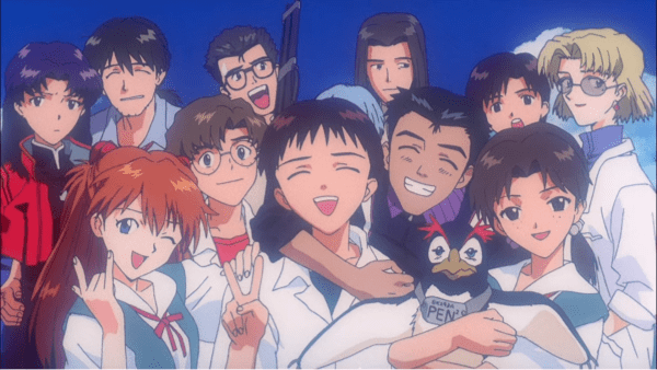 The extended cast of Evangelion posing for the camera, looking happy and smiling