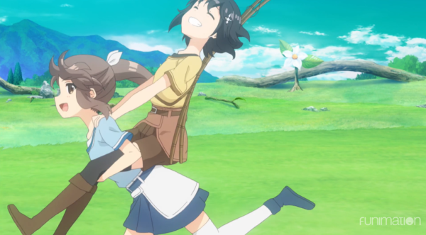 Maple gleefully gets a piggyback ride from Sally as she dashes through a sunny field