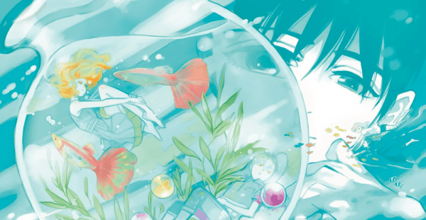 The protagonist of Shimanami Tasogare looks pensively at a fishbowl that has two young people floating in it