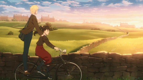 Lili rides a bicycle with Kit perched on the back wheels' spokes, holding on to her shoulders. Behind them the rolling countryside stretches out beneath a golden sunset.